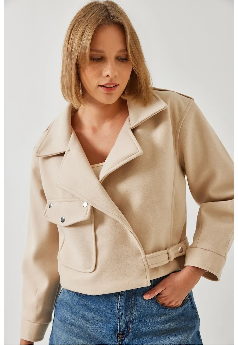 Geaca dama cu nasture si buzunar - bumbac/lana - bej