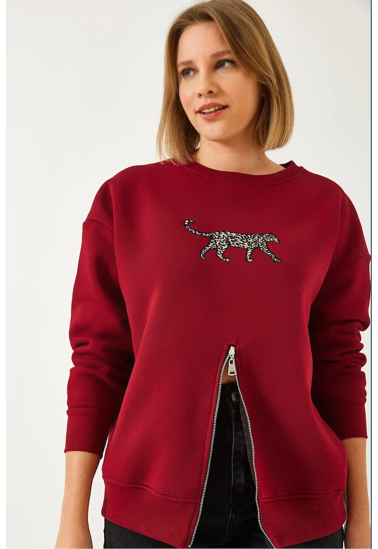 Hanorac dama - cu guler rotund si fermoar - bumbac - visiniu