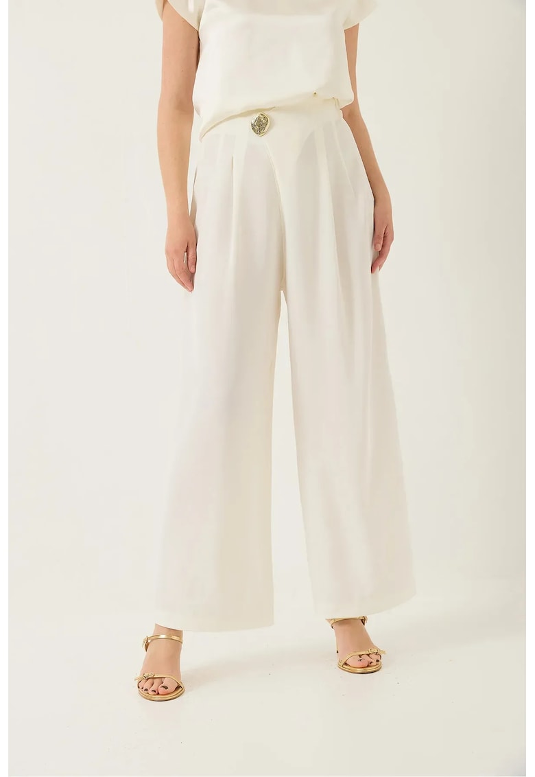 Pantaloni dama - largi cu talie inalta - bej - poliester