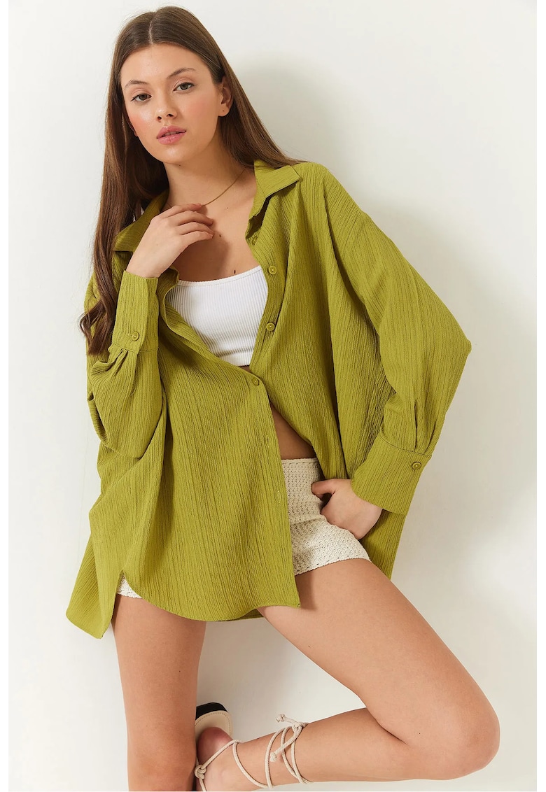 Camasa supradimensionata cu detaliu pompom - verde masliniu - bumbac si poliester
