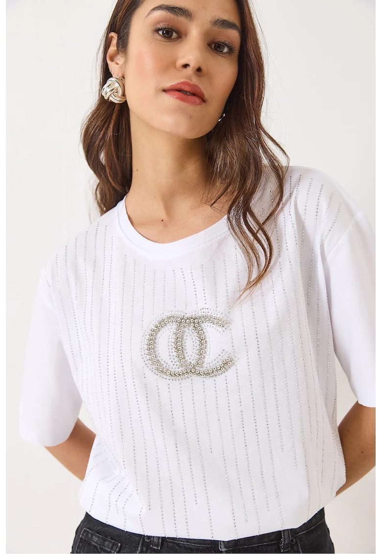 Tricou dama - HiCCUP - decolteu rotund - dungi brodate - bumbac/elastan - alb