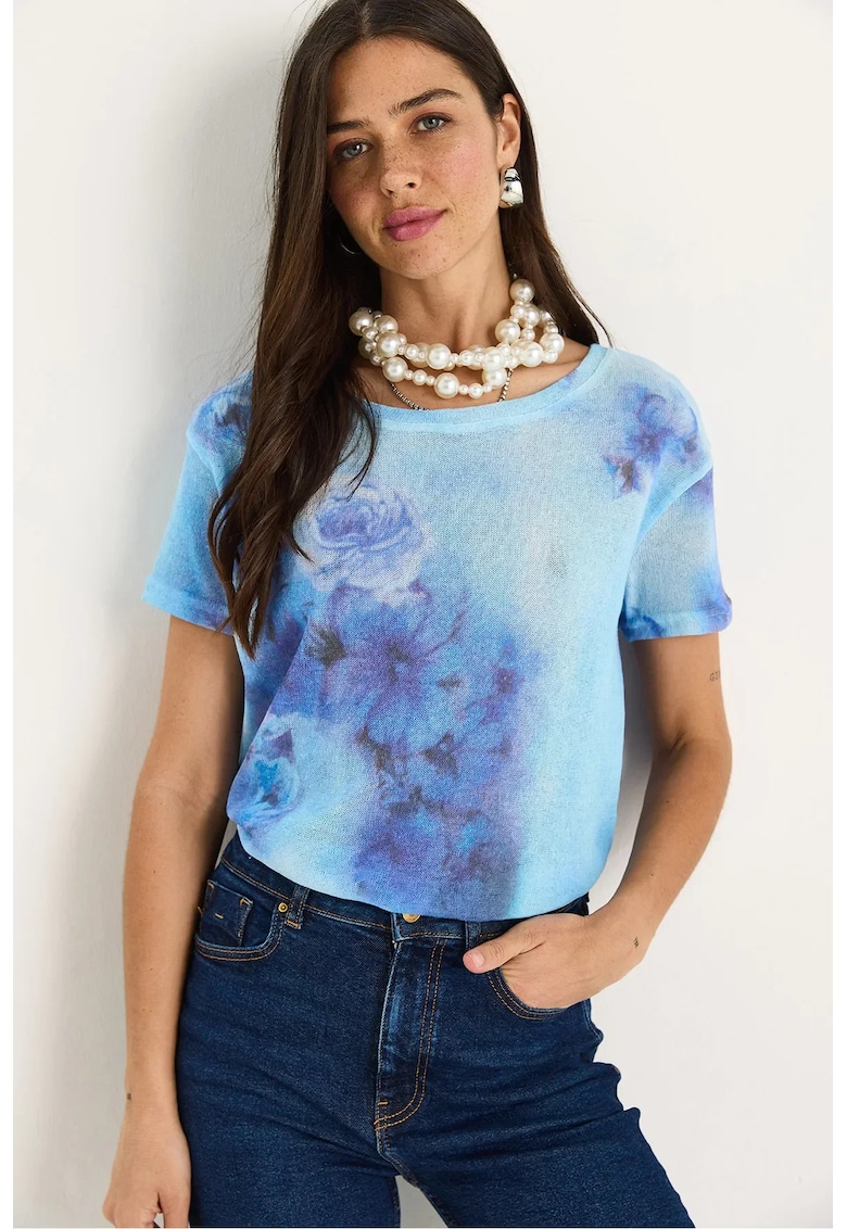 Tricou dama decolteu rotund - imprimeu floral - bumbac/lycra - albastru