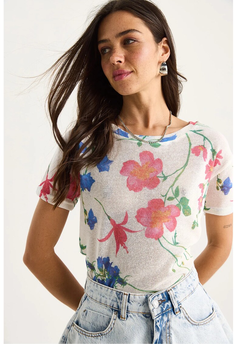 Tricou dama decolteu rotund - imprimeu floral - bumbac/lycra - multicolor
