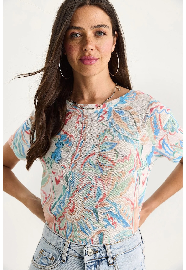 Tricou dama decolteu rotund - imprimeu floral - bumbac/lycra - multicolor -