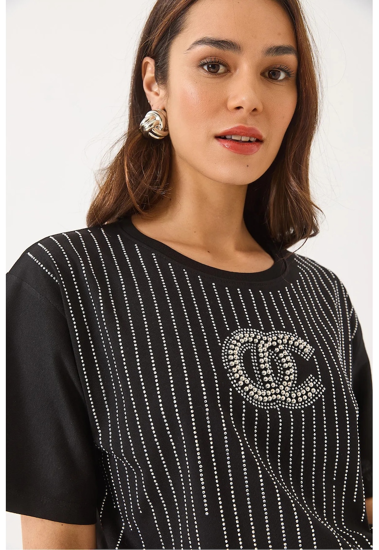 Tricou dama - HiCCUP - decolteu rotund - dungi brodate - bumbac/elastan - negru -