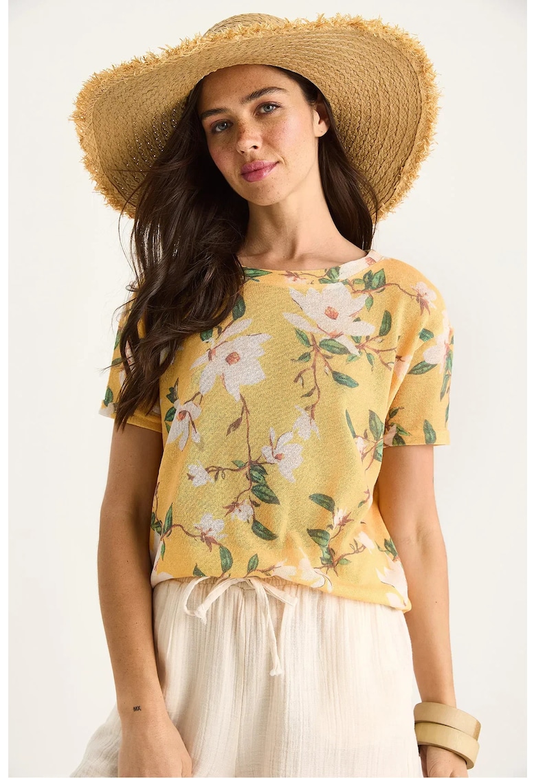 Tricou dama - decolteu rotund - imprimeu floral - bumbac/lycra - multicolor