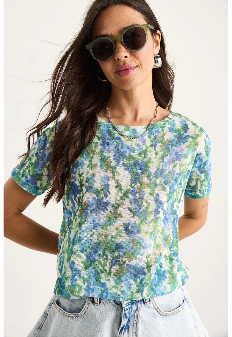 Tricou dama decolteu rotund - imprimeu floral - bumbac/lycra - multicolor -
