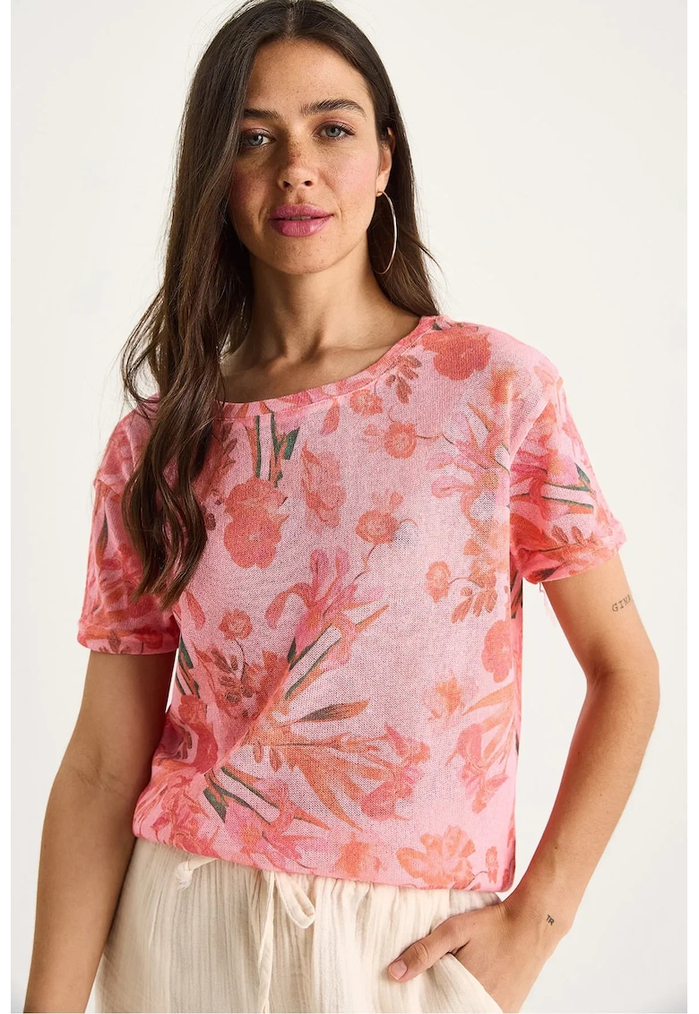 Tricou dama decolteu rotund - imprimeu floral - bumbac/lycra - roz aprins