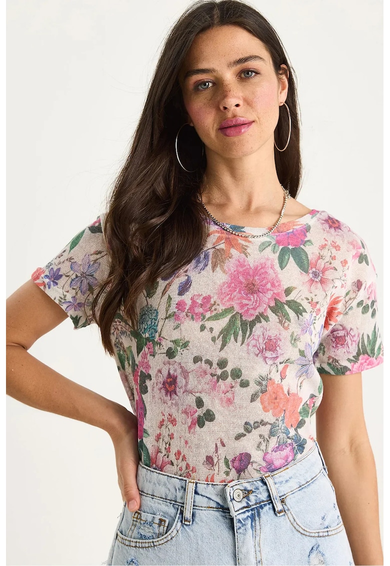 Tricou dama decolteu rotund - imprimeu floral - bumbac/lycra - multicolor -