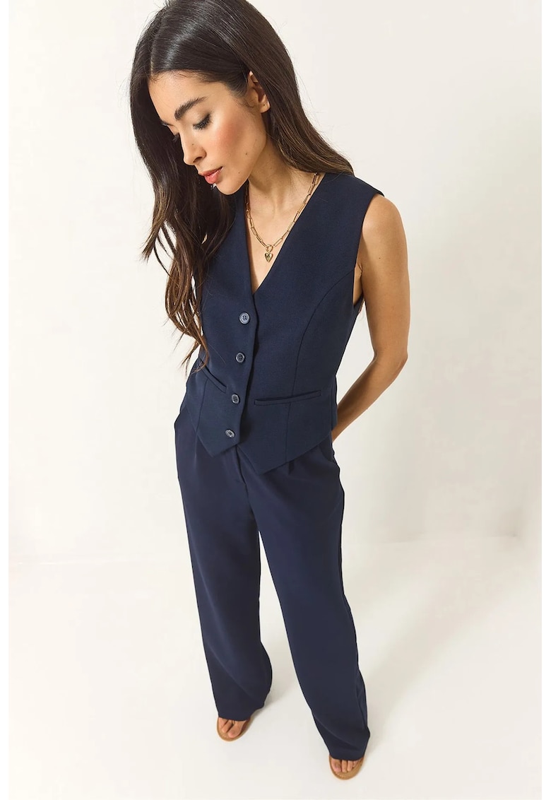 Set elegant HiCCUP - cu decolteu in V - talie inalta - pantaloni largi - bleumarin - textil