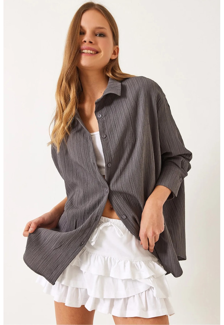 Camasa supradimensionata cu detalii cu pompoane - gri carbune - bumbac si poliester