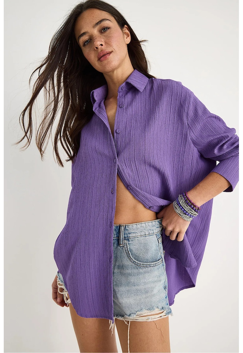 Camasa supradimensionata cu detalii cu pompoane - violet deschis - bumbac si poliester