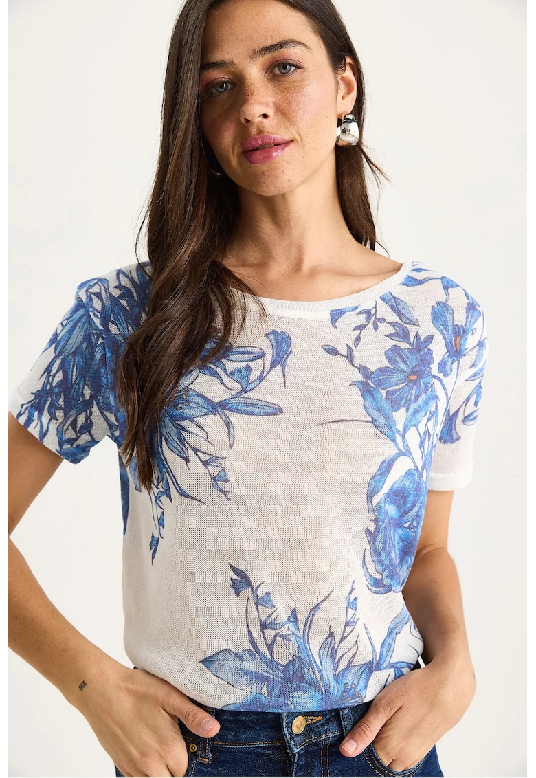 Tricou dama decolteu rotund - imprimeu floral - bumbac/lycra - alb/albastru