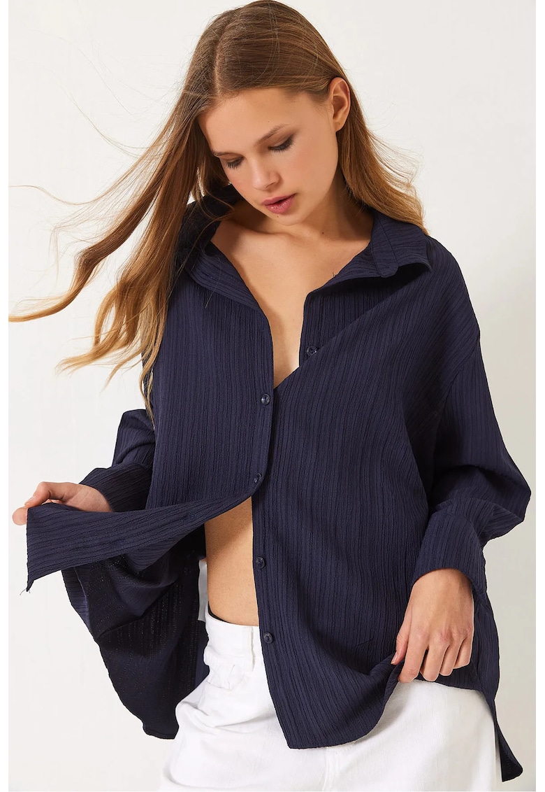 Camasa supradimensionata cu detaliu pompom - bleumarin - bumbac si poliester
