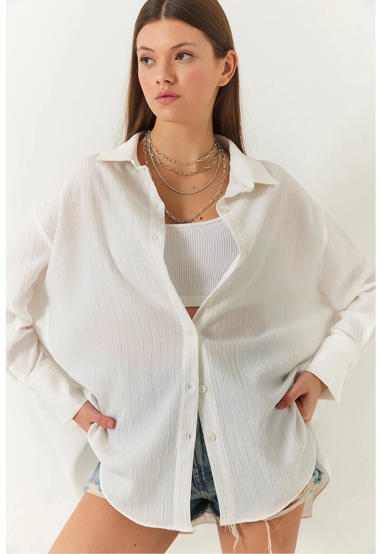 Camasa supradimensionata cu detaliu pompom - ecru - bumbac si poliester