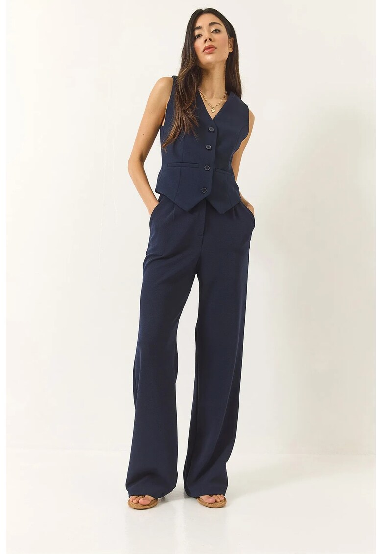 Set elegant cu decolteu in V - talie inalta - pantaloni largi - bleumarin - textil