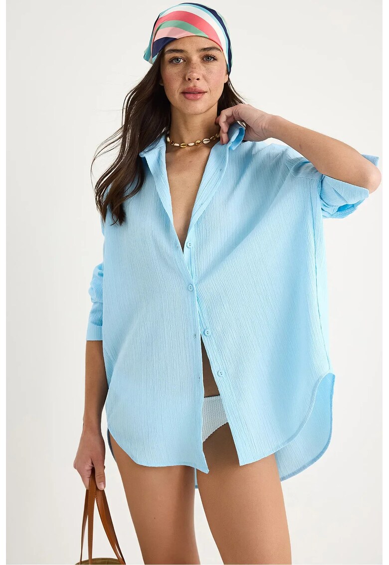 Camasa supradimensionata cu pompoane - albastru - bumbac si poliester