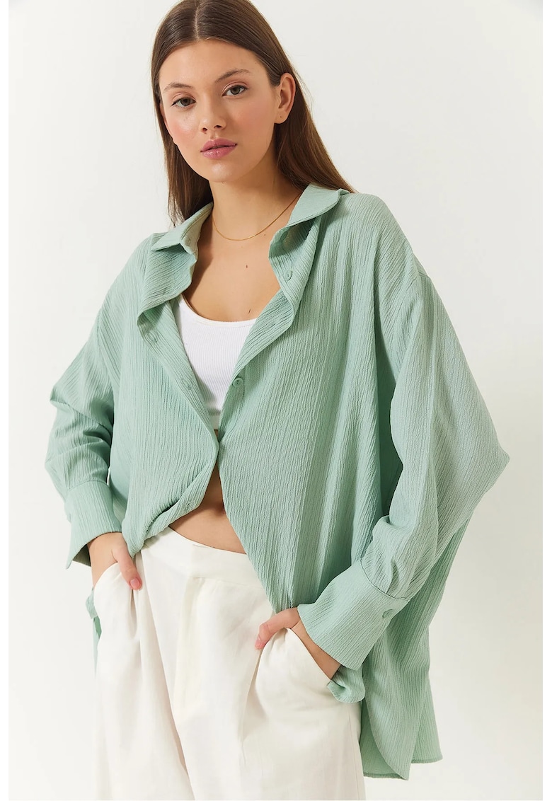Camasa supradimensionata cu pompoane - verde - bumbac si poliester