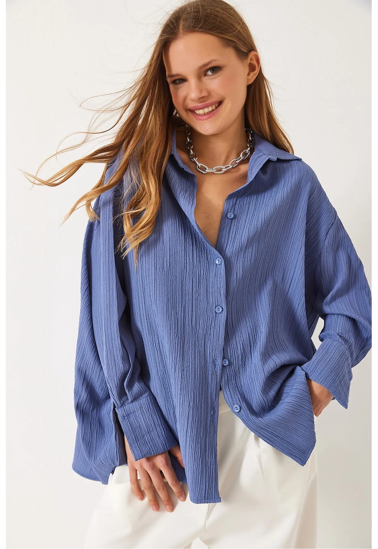 Camasa supradimensionata cu pompoane - albastra - bumbac si poliester