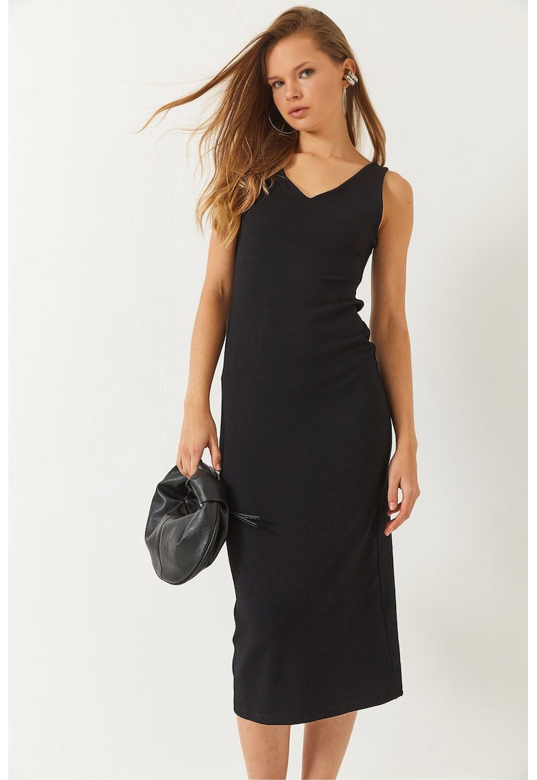 Rochie midi - HiCCUP - decolteu in V - nervuri - negru - jerseu