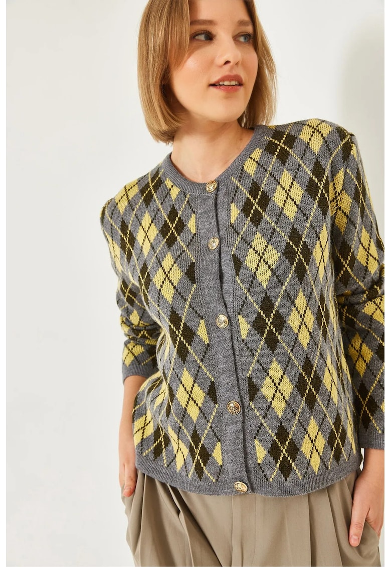 Cardigan - jacquard - gri - tricot -