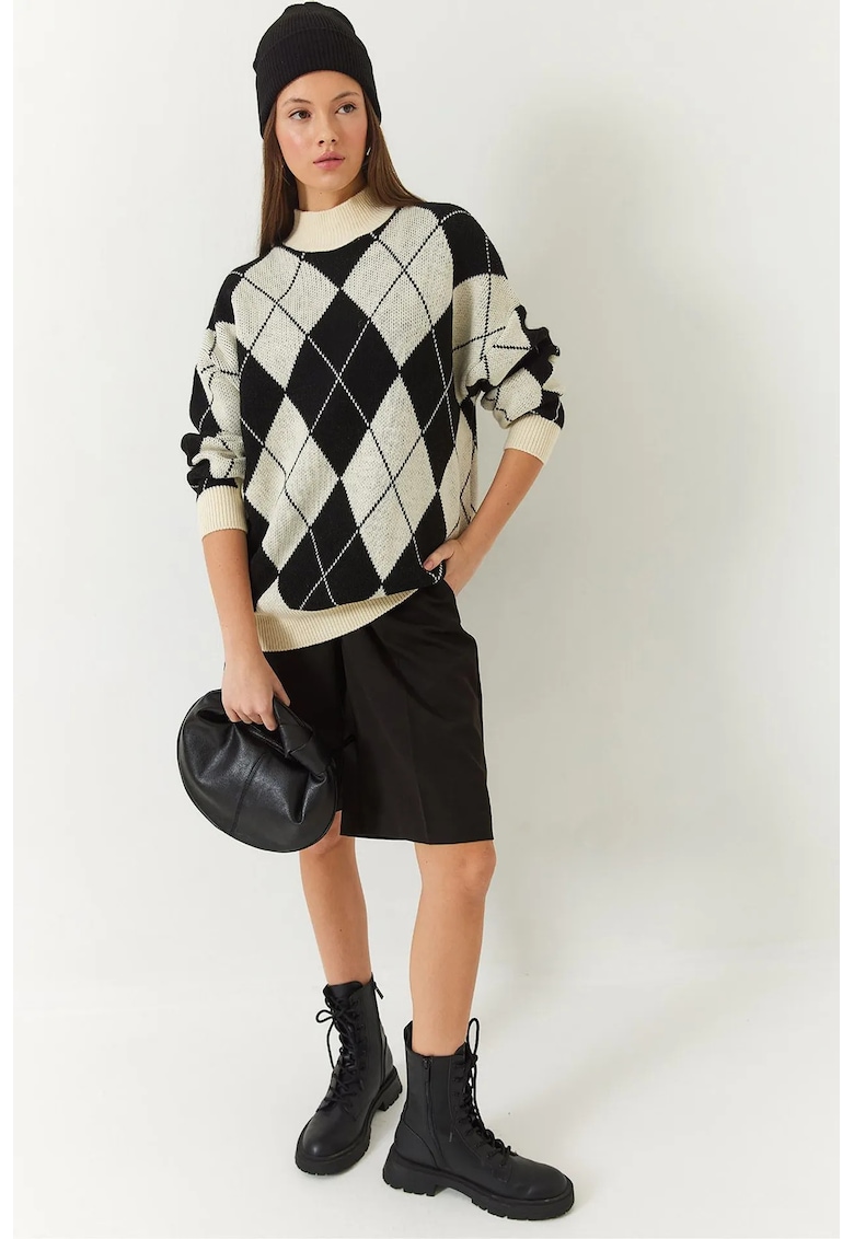 Pulover dama supradimensionat din tricot jacquard - guler inalt pe jumatate - material acrilic - Pulover dama supradimensionat din tricot jacquard - guler inalt pe jumatate - material acrilic -