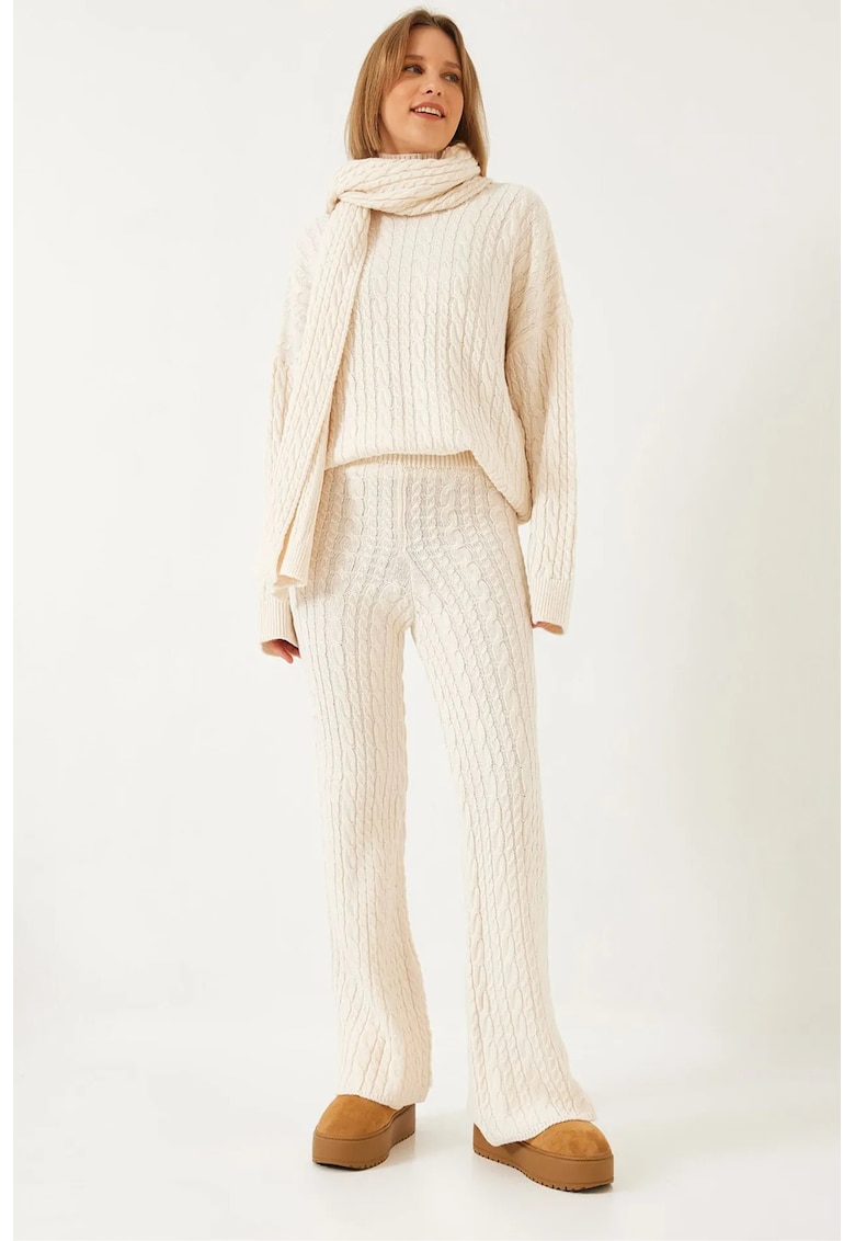 Set coordonat supradimensionat cu guler inalt - tricotat - texturat - alb-galbui -