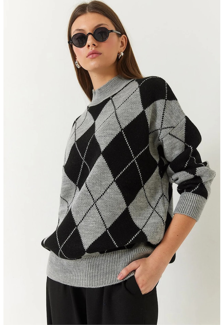 Pulover dama  supradimensionat tricotat jacquard cu guler inalt - material acrilic -