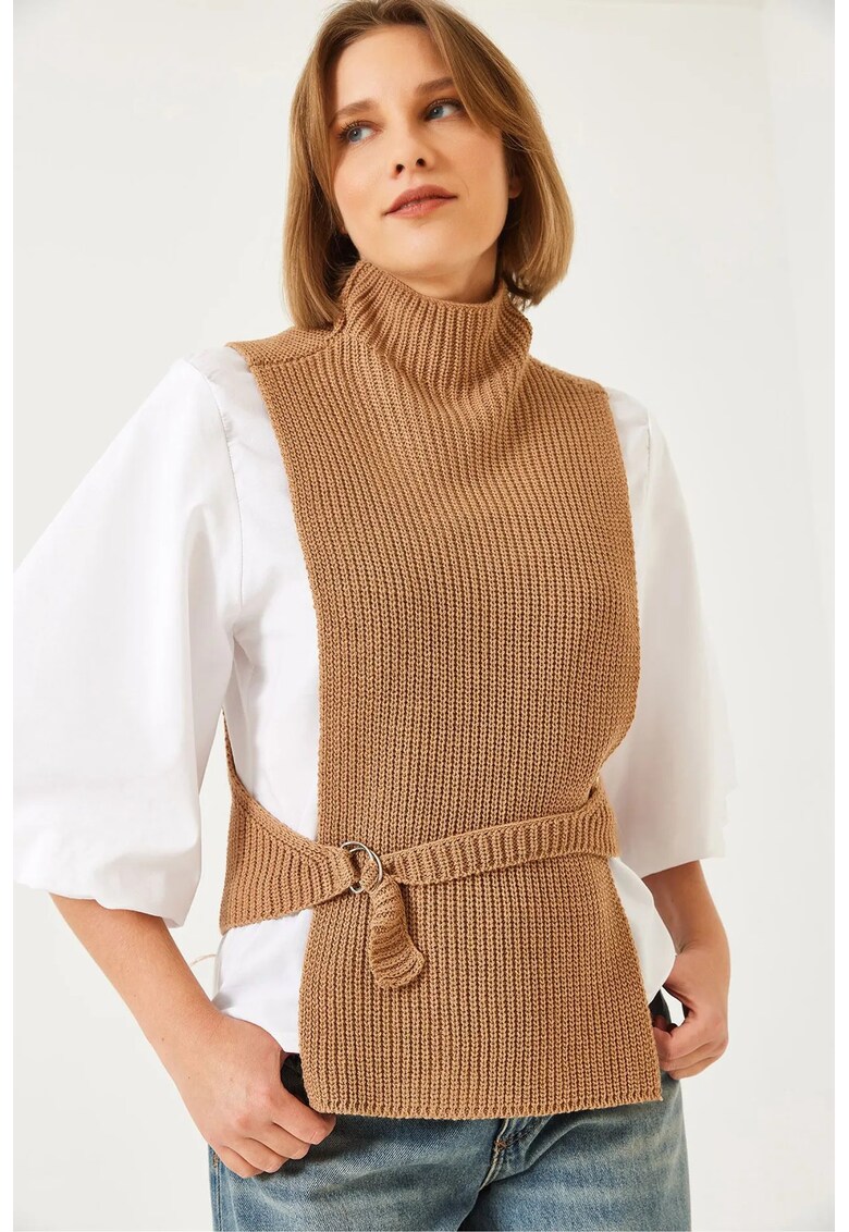 Bluza dama - cu guler inalt - tricot - alb/maro -