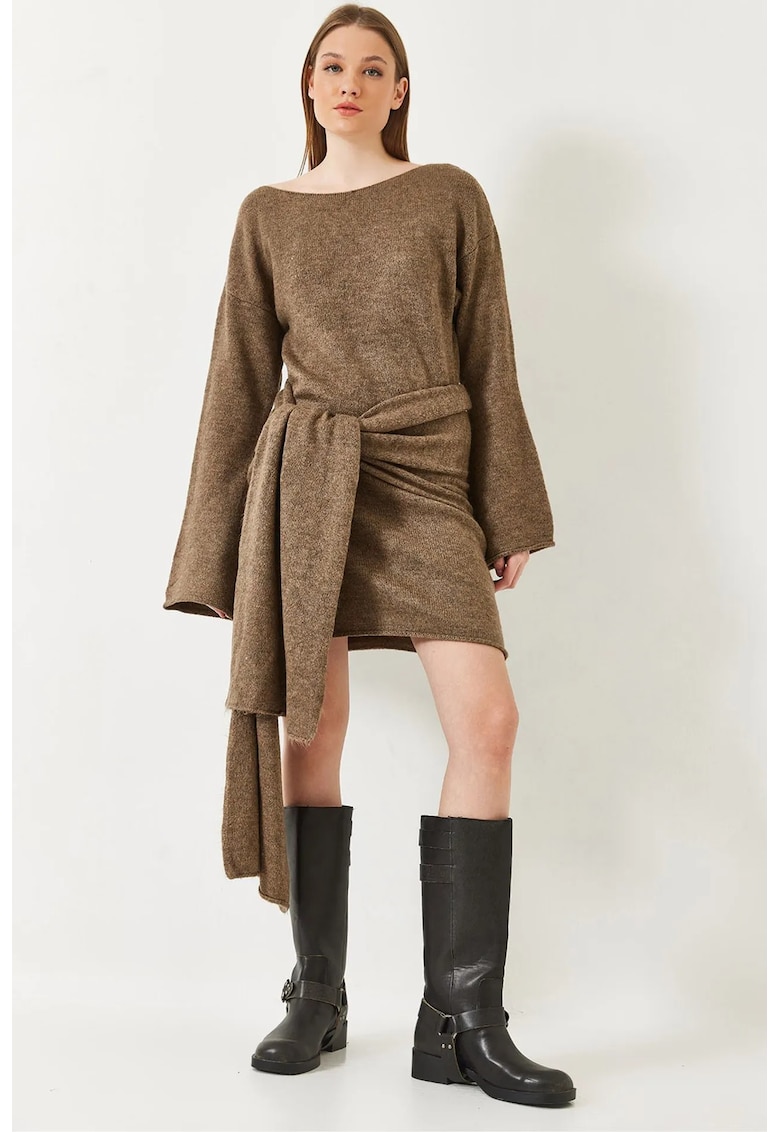 Rochie mini - mulata - decolteu tip barca - maneci lungi - maro melanj - jerseu -