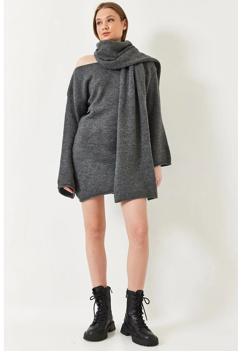 Rochie mini - mulata - decolteu tip barca - gri inchis - jerseu -