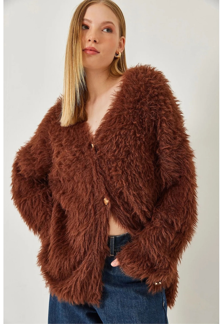 Pulover dama -  cardigan cu guler in V - inchidere cu nasturi - maro scortisoara - tricot -