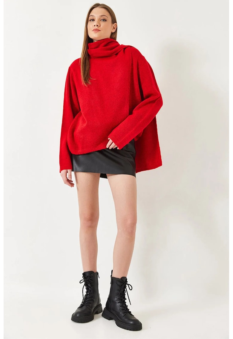 Pulover dama -  tricotat cu guler inalt - texturat - rosu - acril si poliester -