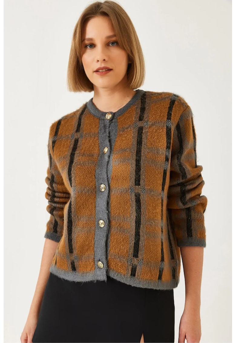 Pulover dama -  cardigan tricotat in carouri - inchidere cu nasturi - tricot -