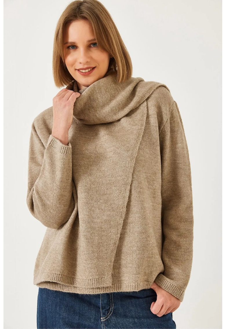 Pulover dama -  texturat cu guler inalt - confortabil - maro melanj - acril si poliester -