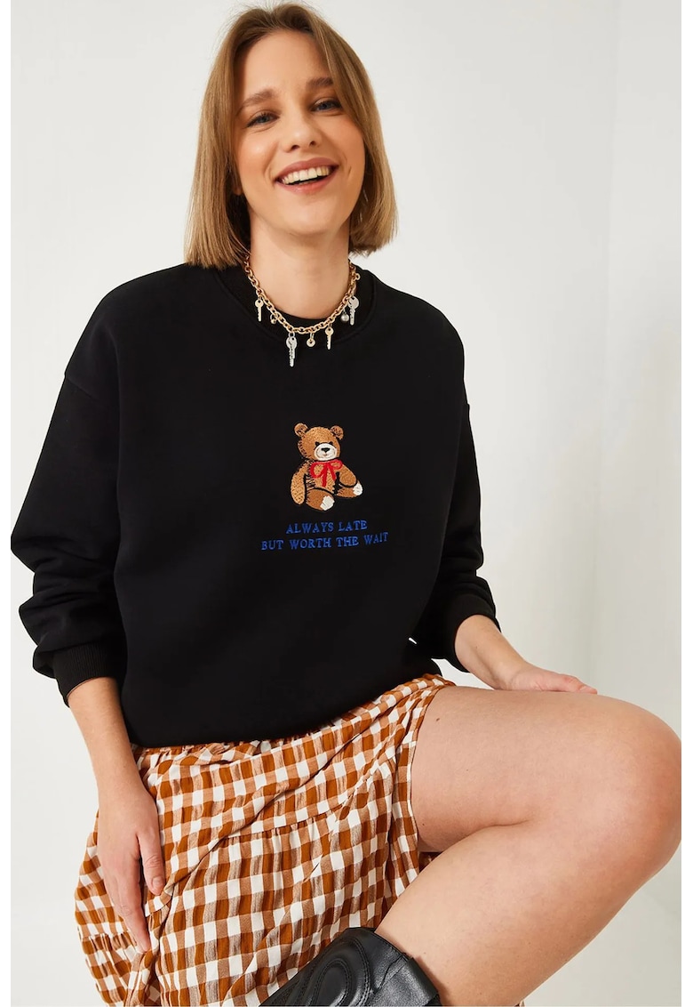 Hanorac dama - guler rotund - brodat - negru - bumbac -