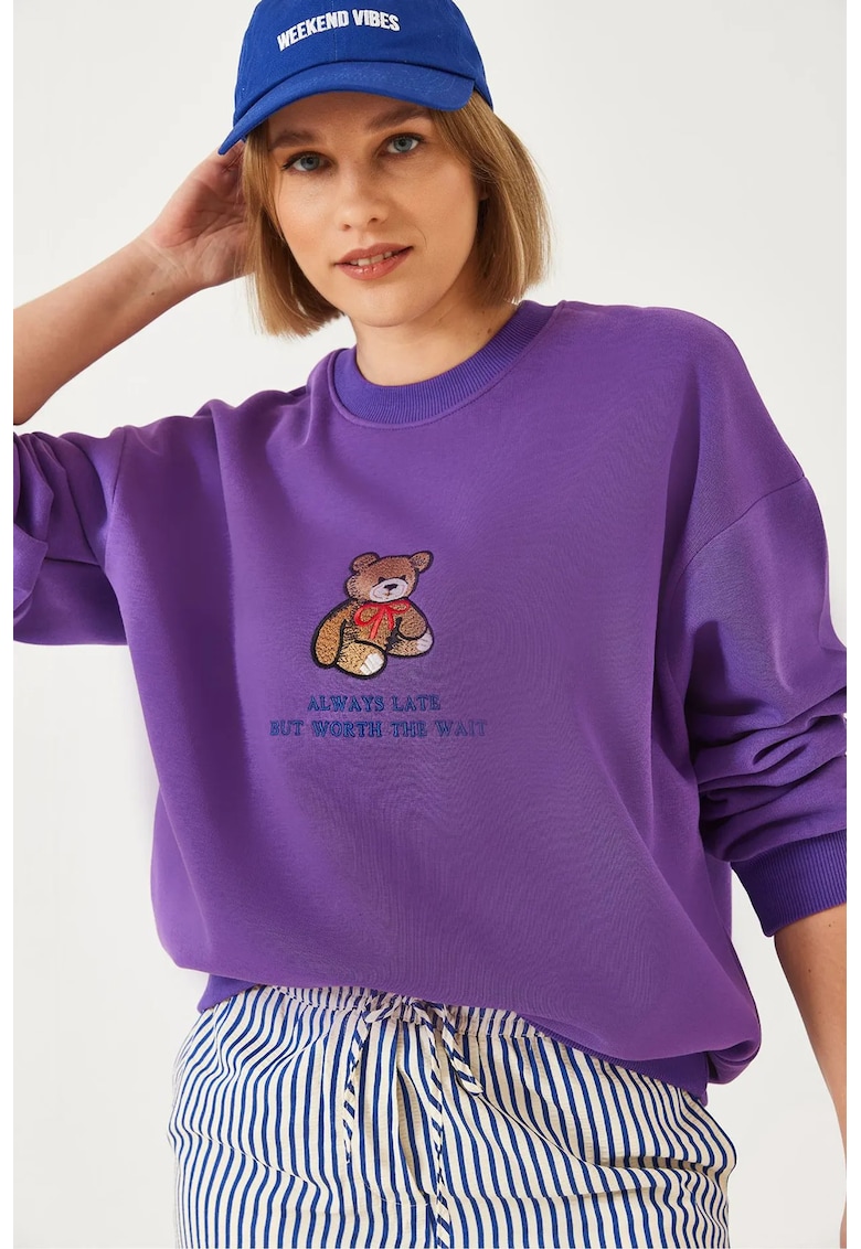 Hanorac dama -  guler rotund - brodat - violet - bumbac -