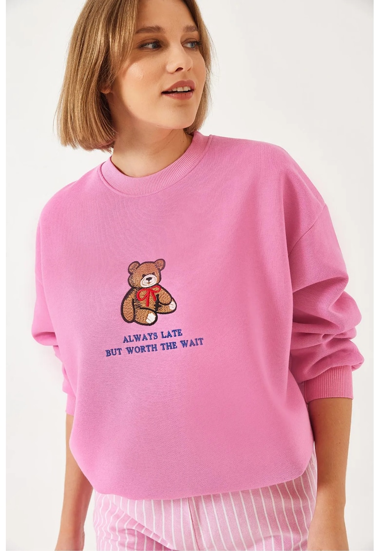 Hanorac dama -  guler rotund - brodat - roz aprins - bumbac -