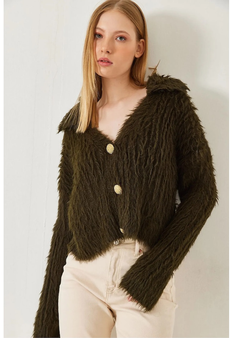 Cardigan -  texturat cu decolteu in V - blana artificiala - verde - tricot -