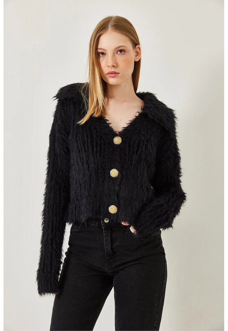 Cardigan - texturat cu decolteu in V - blana artificiala - negru - tricot - Cardigan - texturat cu decolteu in V - blana artificiala - negru - tricot -