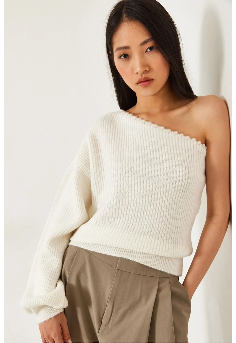 Pulover tricotat -  guler asimetric - texturat - bej - tricot -