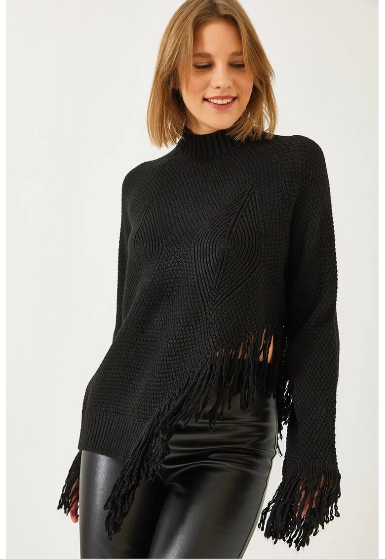 Pulover dama - cu guler rotund - franjuri texturate - negru - tricotat -