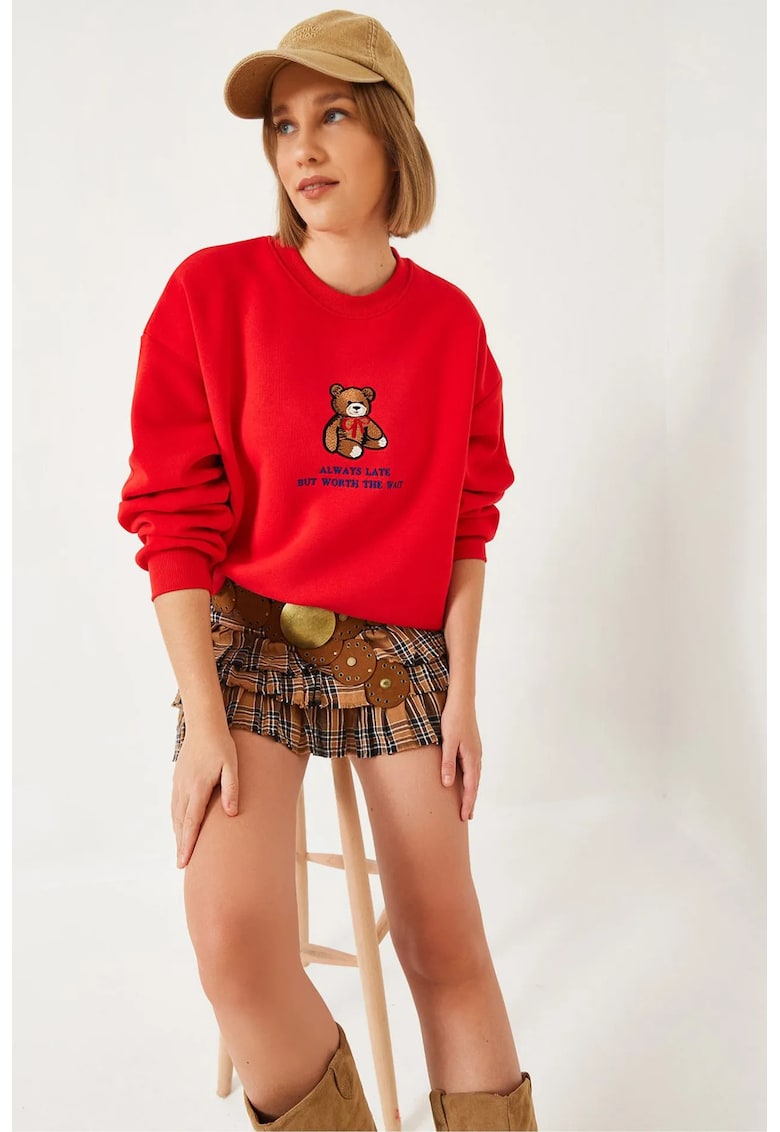 Hanorac dama - guler rotund - brodat - roz aprins - bumbac -