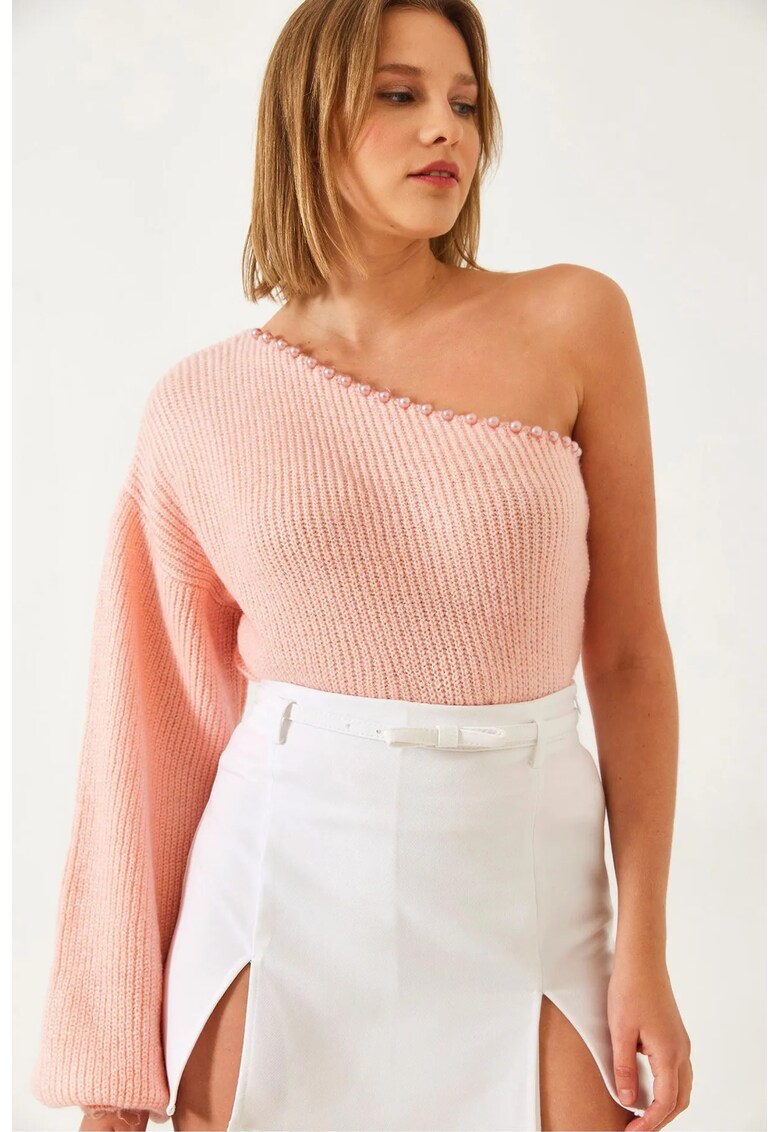 Pulover tricotat -  guler asimetric - texturat - somon - acril/poliester -