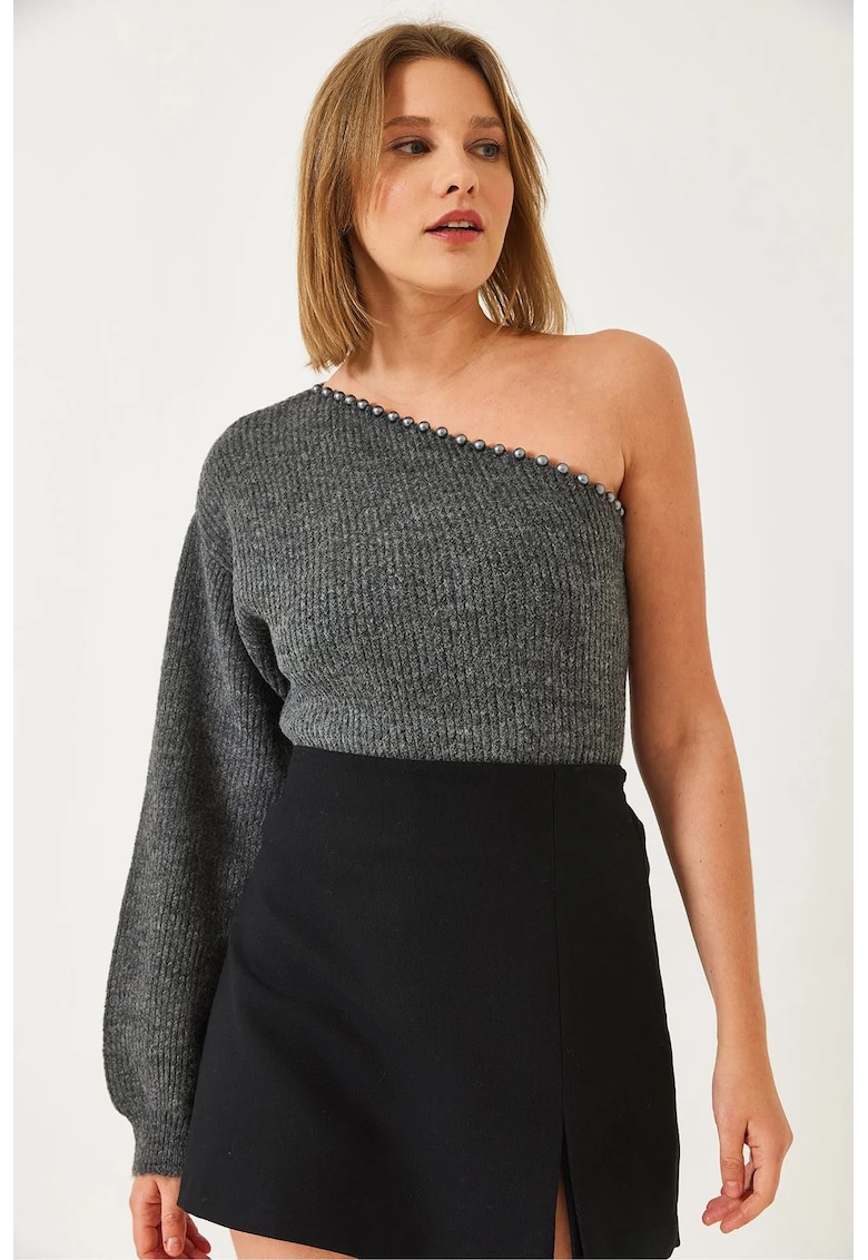 Pulover dama -  tricotat texturat - guler asimetric - gri inchis -