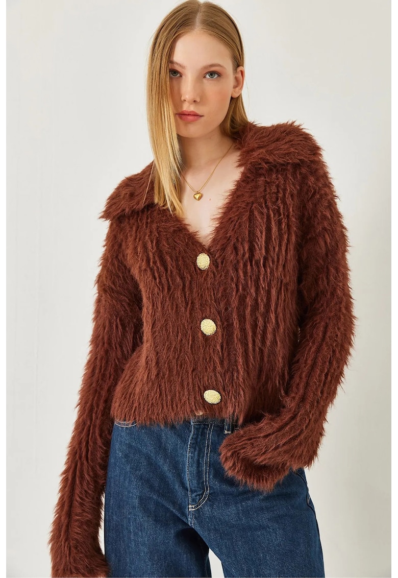 Cardigan - texturat cu decolteu in V - blana artificiala - maro-scortisor - tricot - Cardigan - texturat cu decolteu in V - blana artificiala - maro-scortisor - tricot -