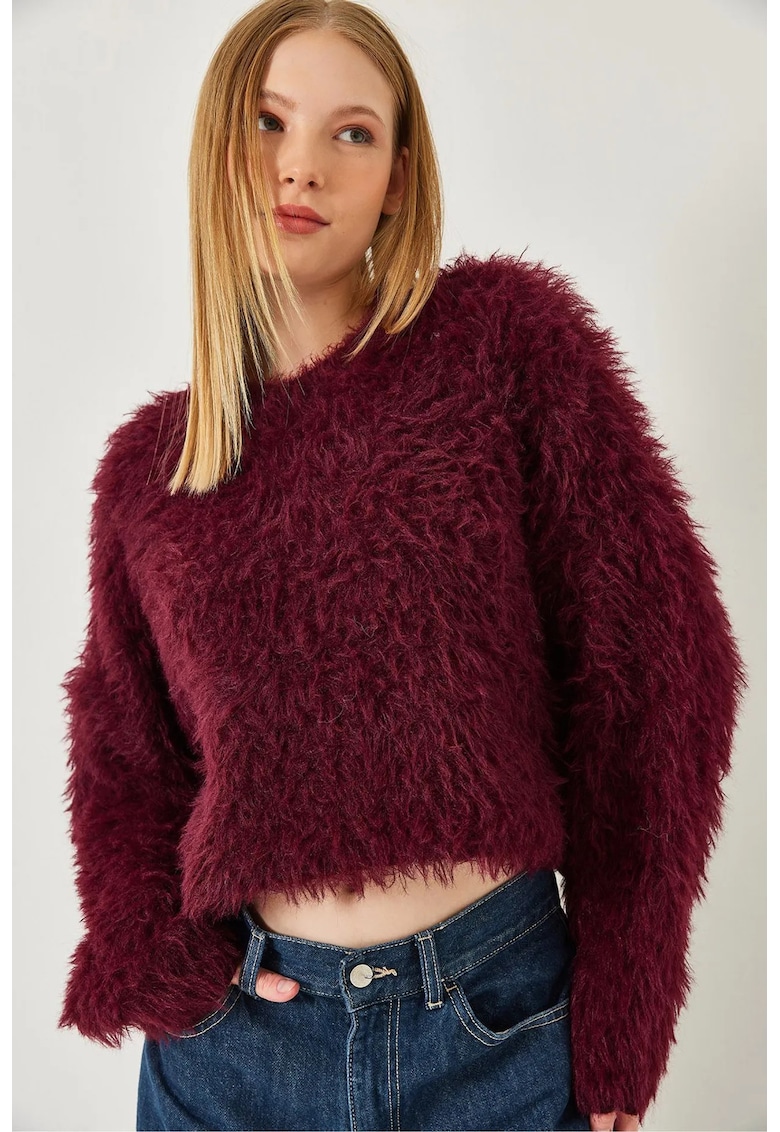 Pulover dama -  crop - texturat - guler rotund - detalii plusate - visiniu - tricot -