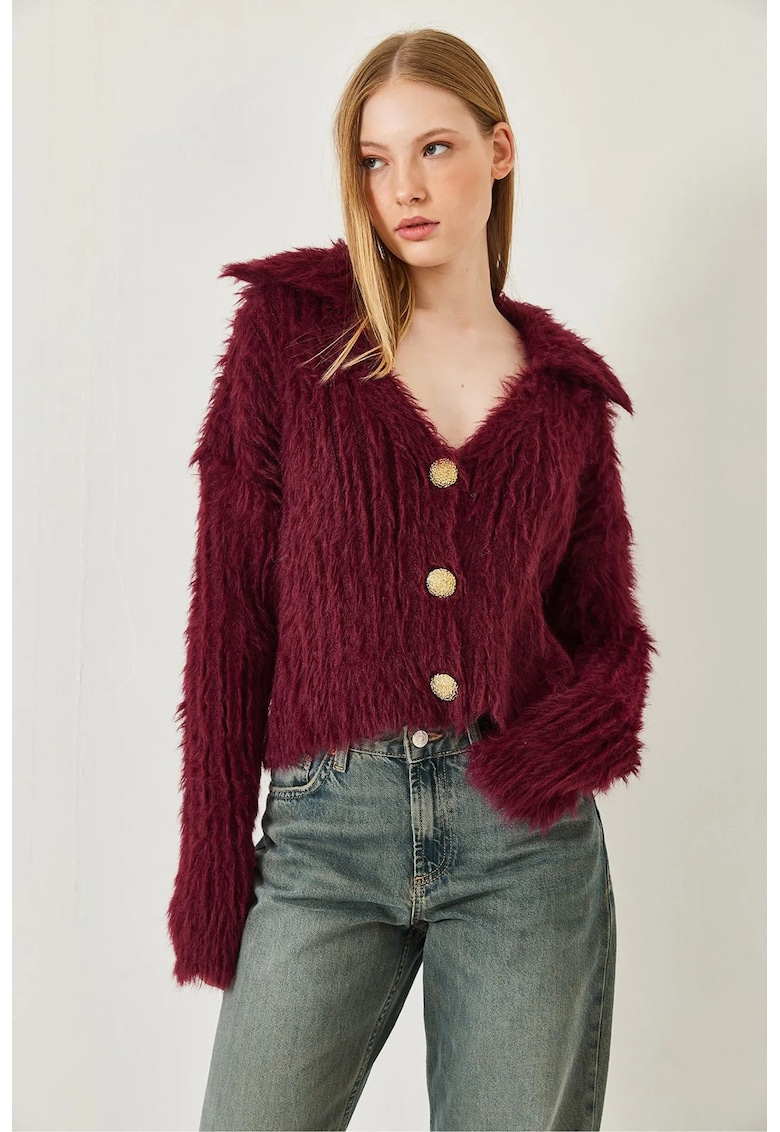 Cardigan - texturat cu decolteu in V - blana artificiala - visiniu - tricot - Cardigan - texturat cu decolteu in V - blana artificiala - visiniu - tricot -