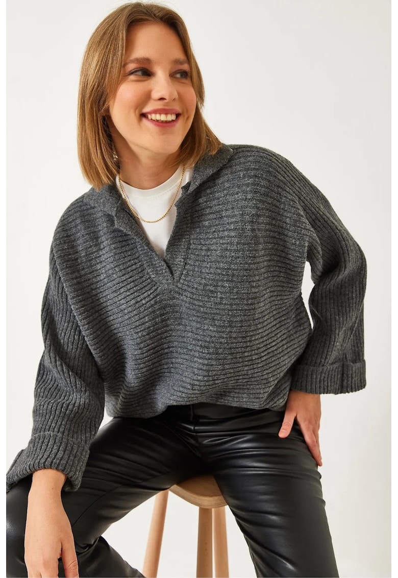 Pulover scurt - guler polo - nervuri - gri inchis - tricot -