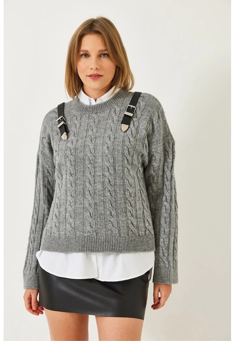 Pulover tricotat gri - cu inchidere cu nod - texturat -